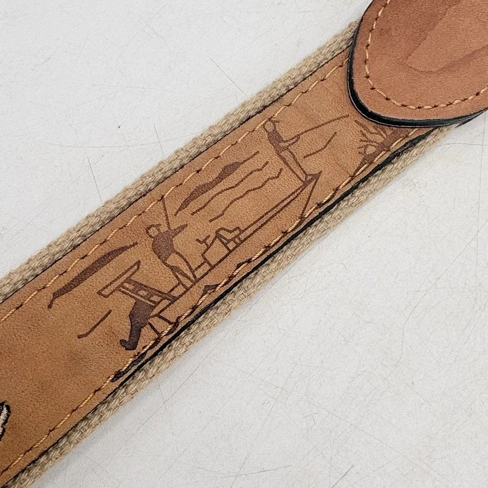 Vintage Woven Stretch Belt Fish Embroidered Canvas Leather Solid Brass Size 40